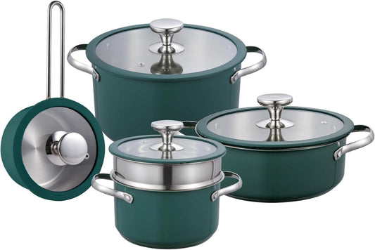 9pcs 304 Stainless Steel Cookware Set with Ceramic Coating ¨C Nonstick. Durable. and Elegant Kitchen Pots with Glass Lids ¨C Compatible with All Stovetops. Easy to Clean.Green